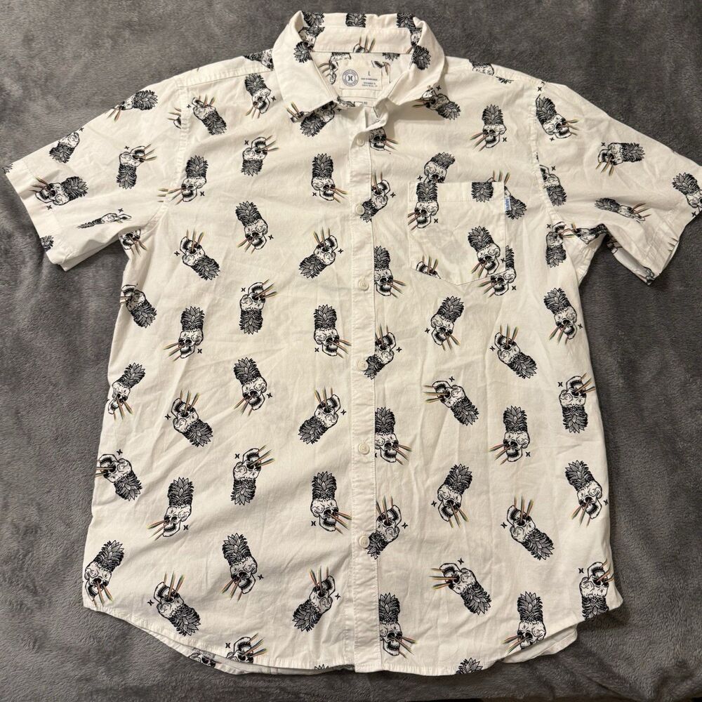 Hurley Shirt Men Sz L White Pineapple Skull Rainbow Lasers Button‎ Up Stretch